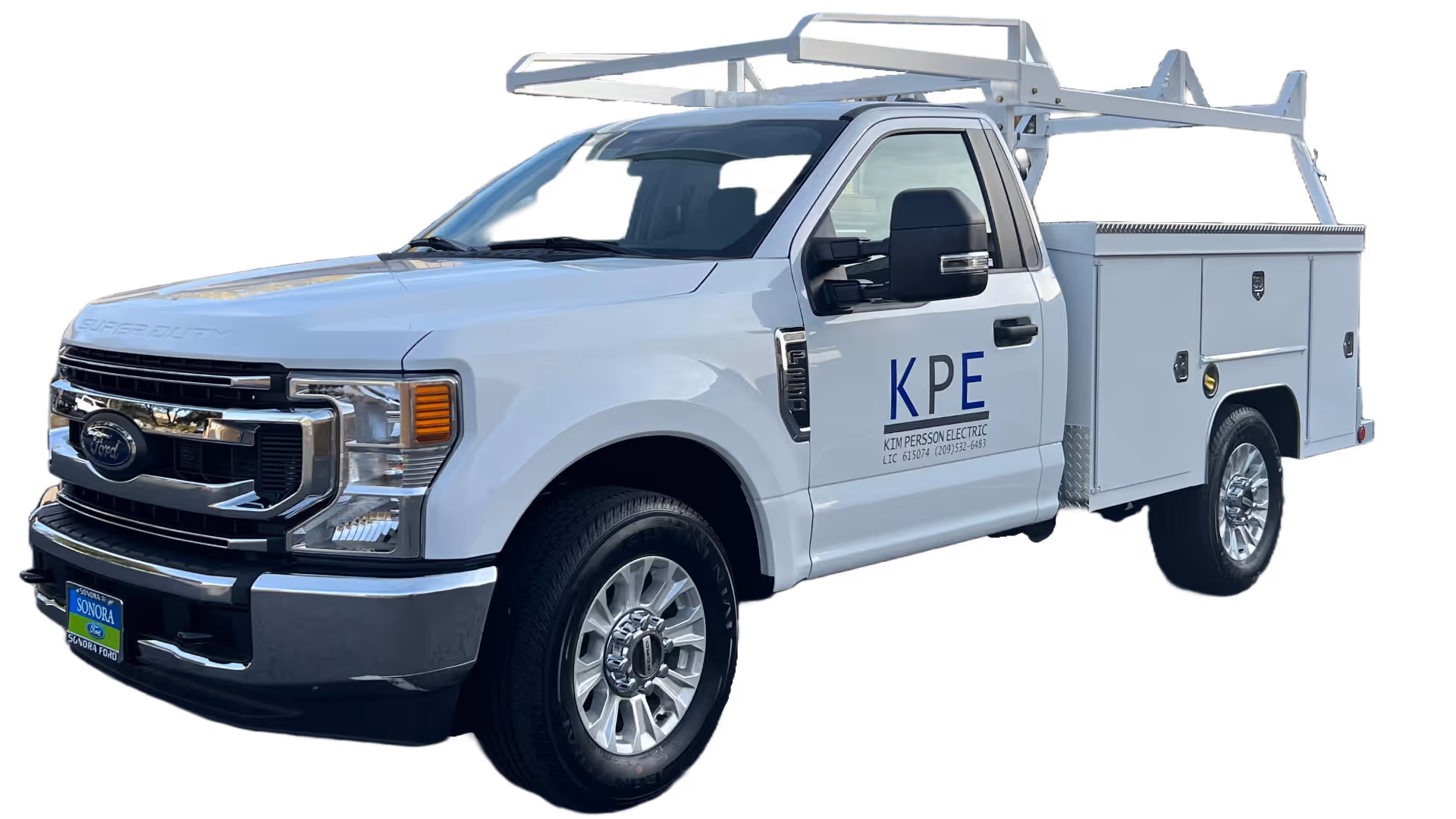 White KPE service truck with a ladder rack and utility body